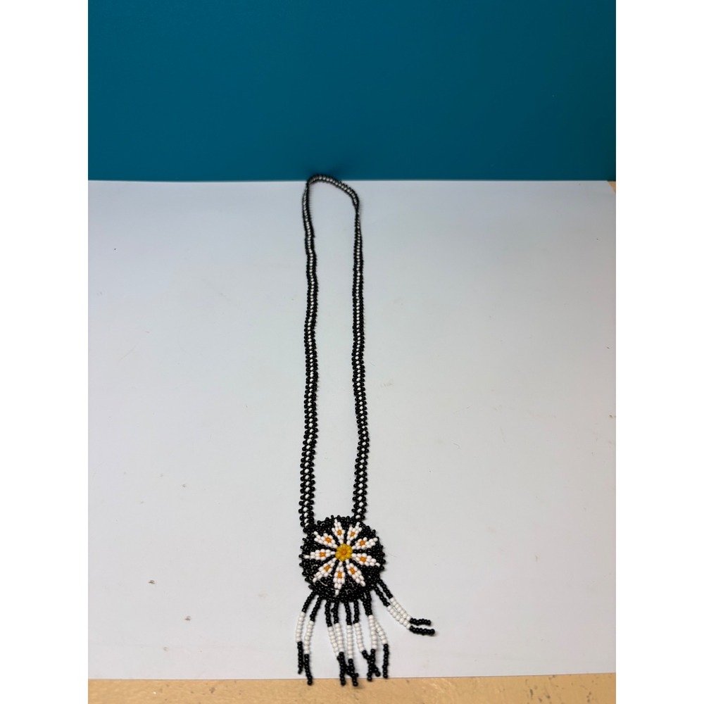 Handmade Seed Bead Medallion Necklace Black White Daisy Floral Fringe